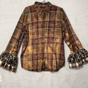 Upcycled Flannel Shirt Size XL (men’s shirt) Bleached Splatter Ruffle Sleeves